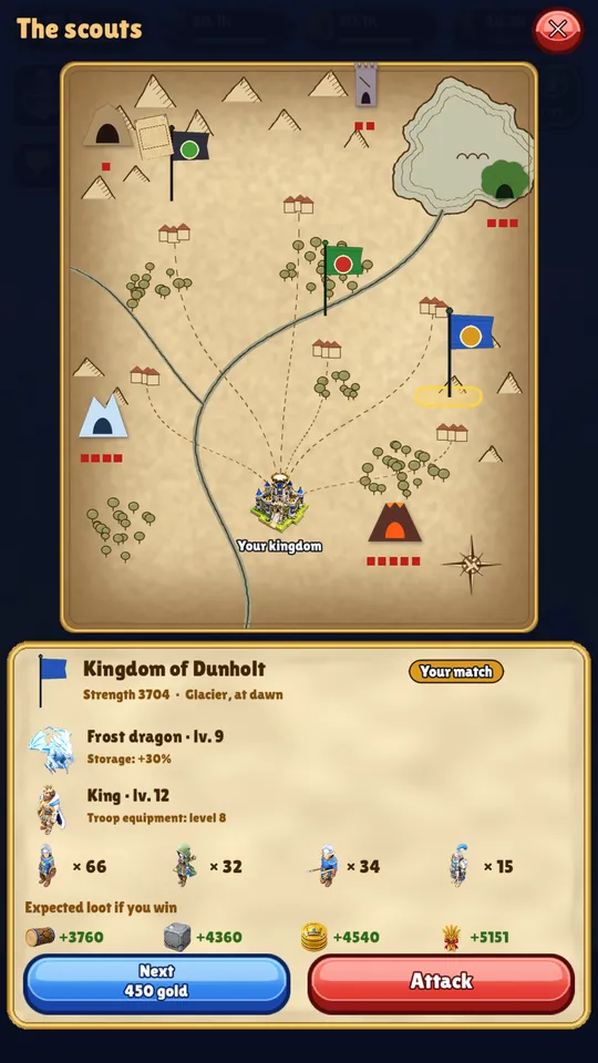 Kingdrake screenshot: The scouts: pick the rival kingdom to challenge