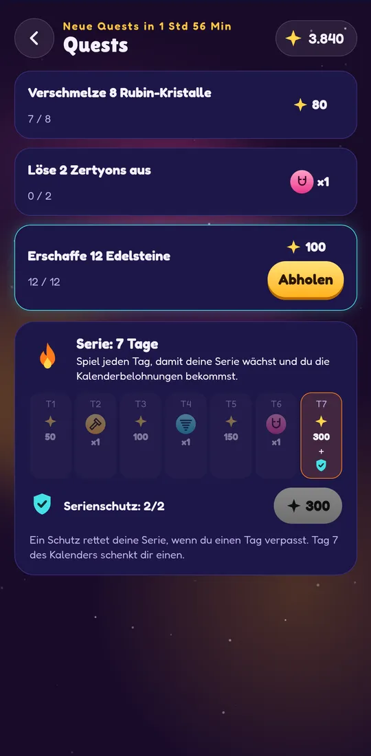Screenshot von Zertyzzle: Tägliche Quests und Login-Serie