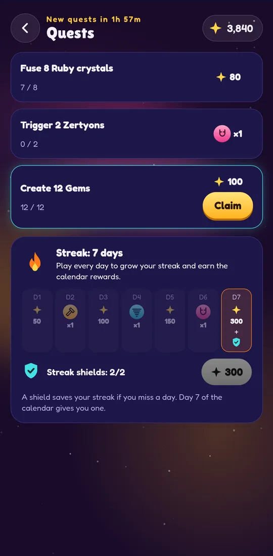 Zertyzzle screenshot: Daily quests and login streak