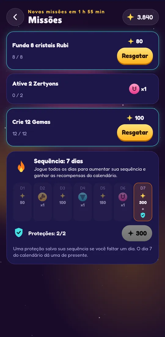 Captura de ecrã de Zertyzzle: Missões diárias e sequência de login